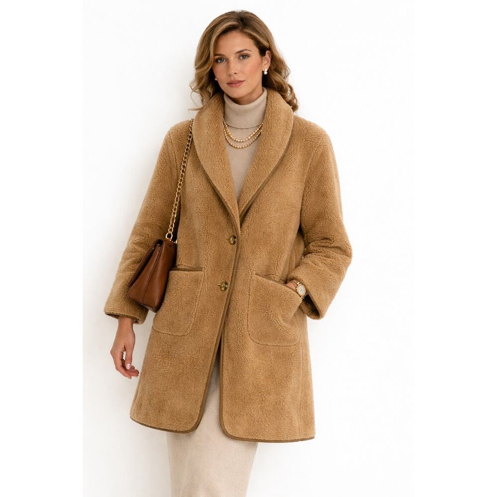 Ralph Lauren Womens Sherpa Coat Size XL Camel Shawl Collar Pockets Old Money